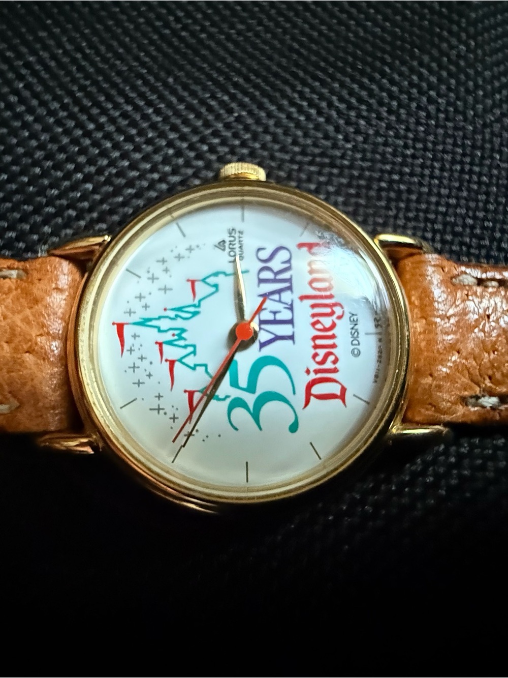 Disney Gold-Tone Watch with White Dial and Brown Leather Strap